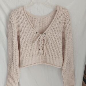 Cropped Elegant Lace-Up Knit Sweater in Cream